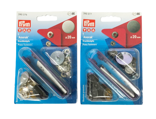 《Prym》プリム　スナップ　アノラック・フラット　マットシルバー/マットブラック　※2色展開　お好みのカラーをお選びください※　径20ｍｍ/6セット入キット付　ナイロン地・レインウェアやバッグ・カバンにもオススメ　390376-390377