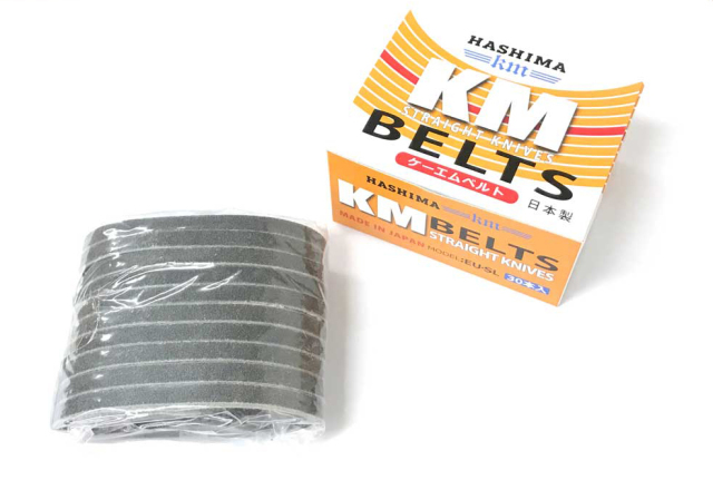 KM　ケーエム　裁断機EU用研磨ベルト　立刃用ベルト　※3種有・個別販売（80番/100番/120番）　ケーエムベルト機　1箱30本入　黄箱　SHARPENING BELT