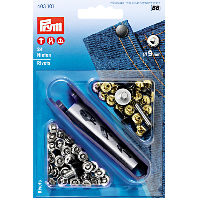 《Prym》プリム・リベット9mm/24セット　 シルバー/オールドアイロン　キット付