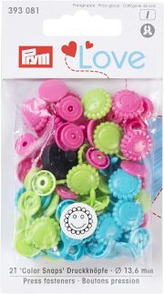 《Prym》プリム・カラースナップ　フラワー　13.6mｍ/21セット入（ピンク/グリーン/ターコイズ）　PrymLove　星型　393080-393081