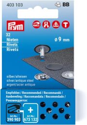 《Prym》プリム・カシメ金具（リベット）9ｍｍ/32個入　シルバーアンティーク　チューブラーリベット・リフィール　ヴァリオ　VARIO Creative Tool　403103