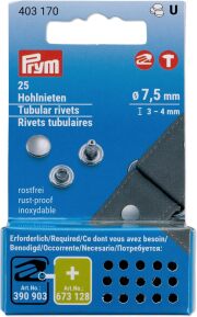 《Prym》プリム・カシメ金具（リベット）7.5ｍｍ/25個入/厚み3-4mmまで可　チューブラーリベット・リフィール　ヴァリオ　VARIO Creative Tool　403170