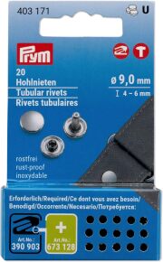 《Prym》プリム・カシメ金具（リベット）9ｍｍ/20個入/厚み4-6mmまで可　チューブラーリベット・リフィール　ヴァリオ　VARIO Creative Tool　403171