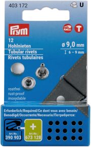 《Prym》プリム・カシメ金具（リベット）9ｍｍ/12個入/厚み6-9mmまで可　チューブラーリベット・リフィール　ヴァリオ　VARIO Creative Tool　403172