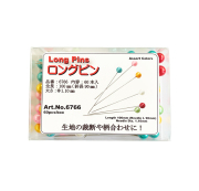 ロングピン　60本入り/1箱　針長：90mm/全長100mm/太さ：1.10mm/頭直径約10mm　アソート（カラーはランダムです）　柄合わせ　ガラ合わせ　裁断用　太軸待ち針　まちばり　待針　生地固定