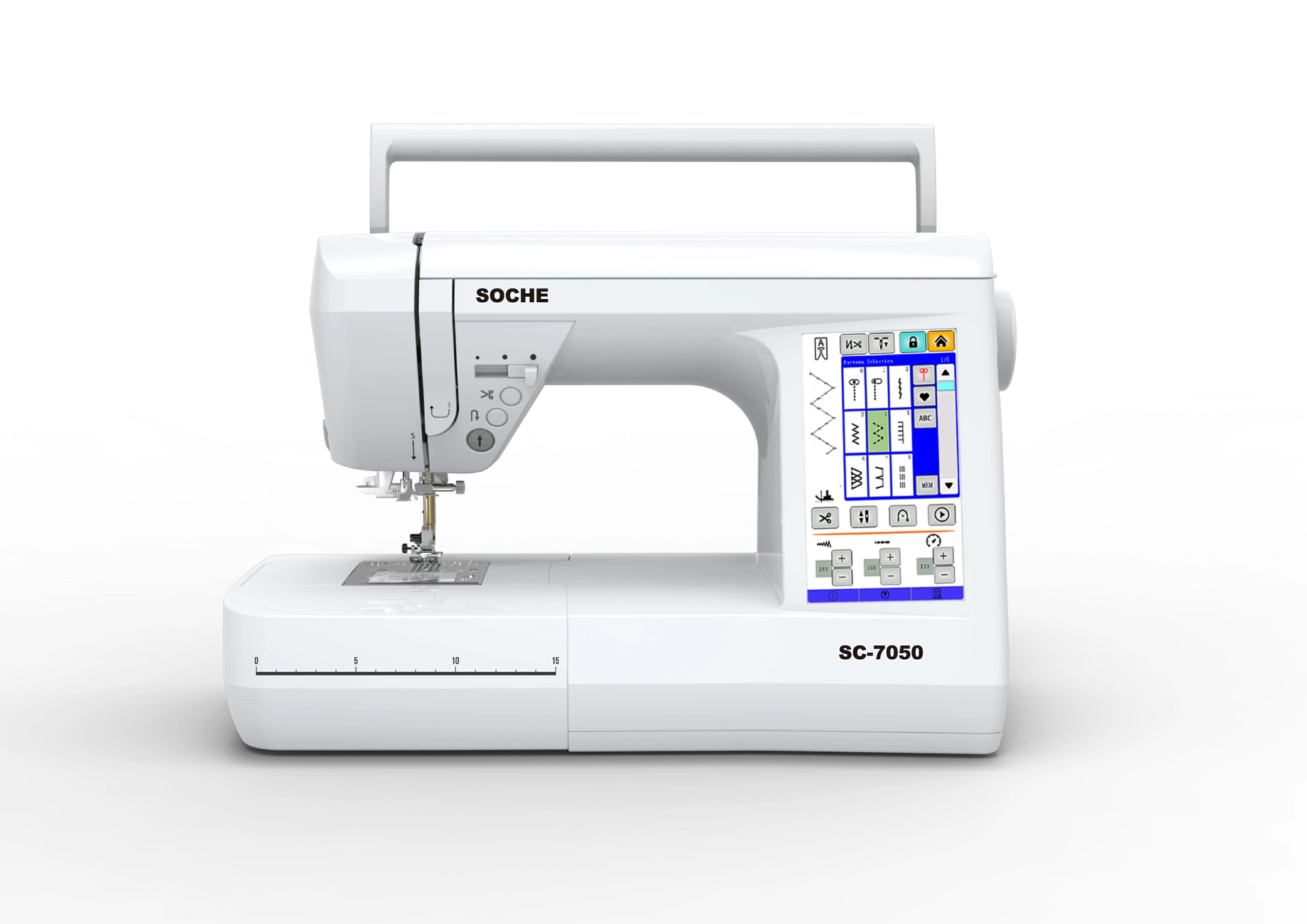 SOCHE　ソーチェ　SC-7050　大型液晶タッチパネル　家庭用コンピューターミシン　5つのモーターで制御　文字（英語/数字/かな）・柄縫いトータル180種類　自動糸通し　自動糸切り　7枚歯ロング　大型フットコントローラー付属 　LEDライト　※安心の一年保証※