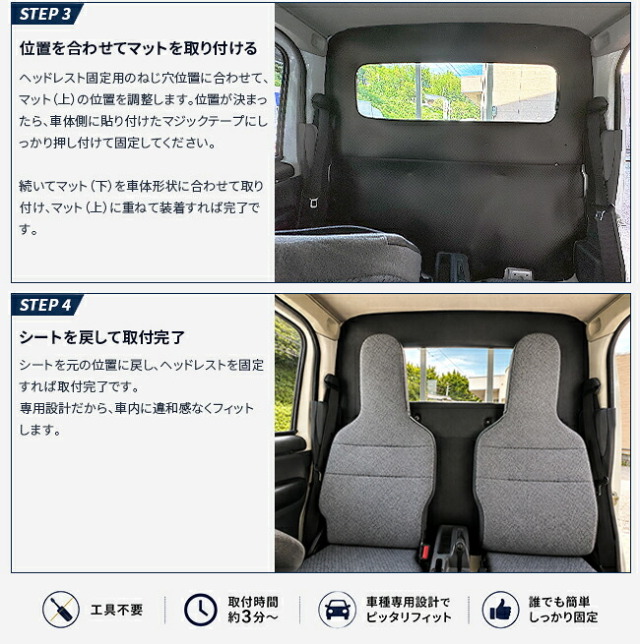 スズキキャリイDA16Tキャビン背面ガードマット面ファスナーで簡単取付