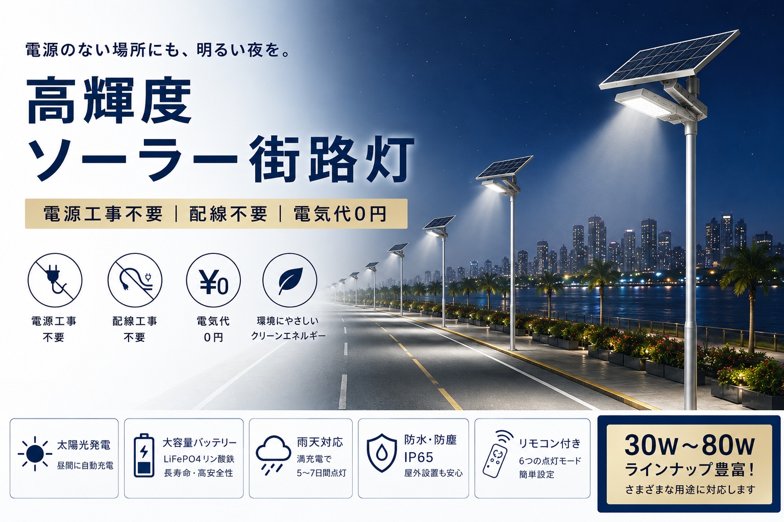 ソーラー街路灯 LED 屋外 30W 50W 80W 高輝度 ソーラーライト 防水 IP65 業務用 駐車場 工場 倉庫 道路 公園 遊歩道 防犯灯 外灯 太陽光発電 電源不要 配線不要 電気工事不要 電気代0円 LiFePO4 大容量バッテリー リモコン付