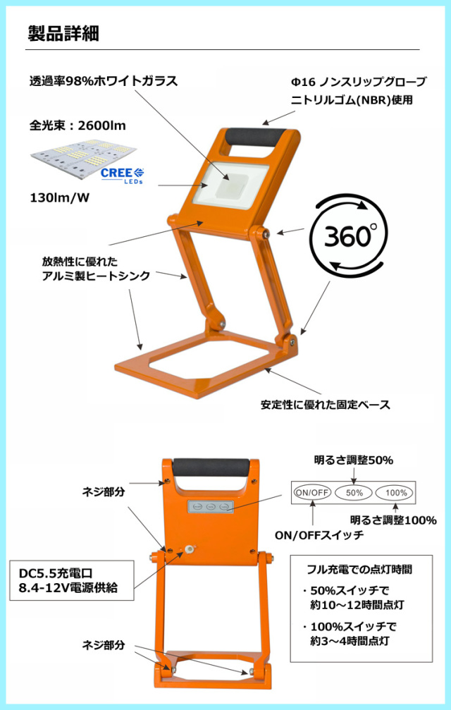 LED充電式投光器(20W 5600maH 2600lm 昼光色 充電器・ケース付き)