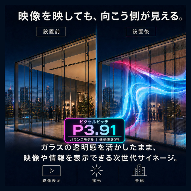 【1年保証・送料無料】透明LEDビジョンP3.91ガラス貼付型透過率80％薄さ2mm軽量 SMD LEDシースルー デジタルサイネージ  縦横連結 店舗 商業施設 ショーウィンドウ