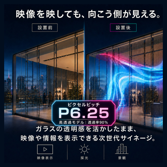 【1年保証・送料無料】透明LEDビジョン P6.25 ガラス貼付型 デジタルサイネージ 透過率90％ 薄型2mm 軽量 SMD LED 曲面対応 縦横連結 店舗 ショーウィンドウ 屋内用