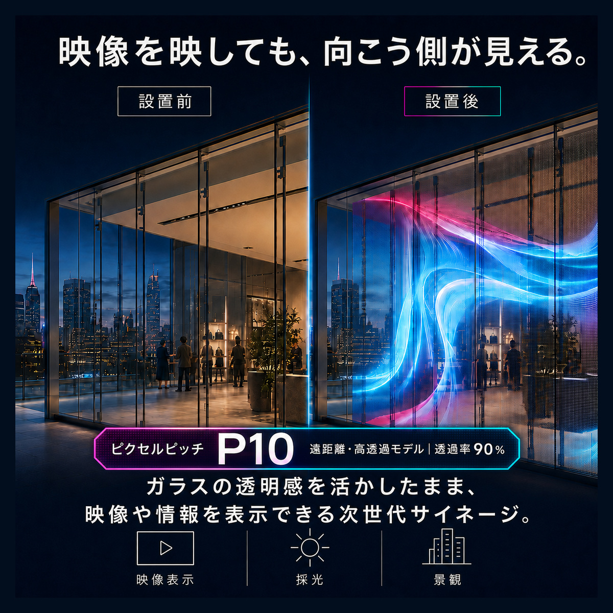 【1年保証・送料無料】透明LEDビジョン P10 ガラス貼付型 デジタルサイネージ 透過率90％ 薄型2mm