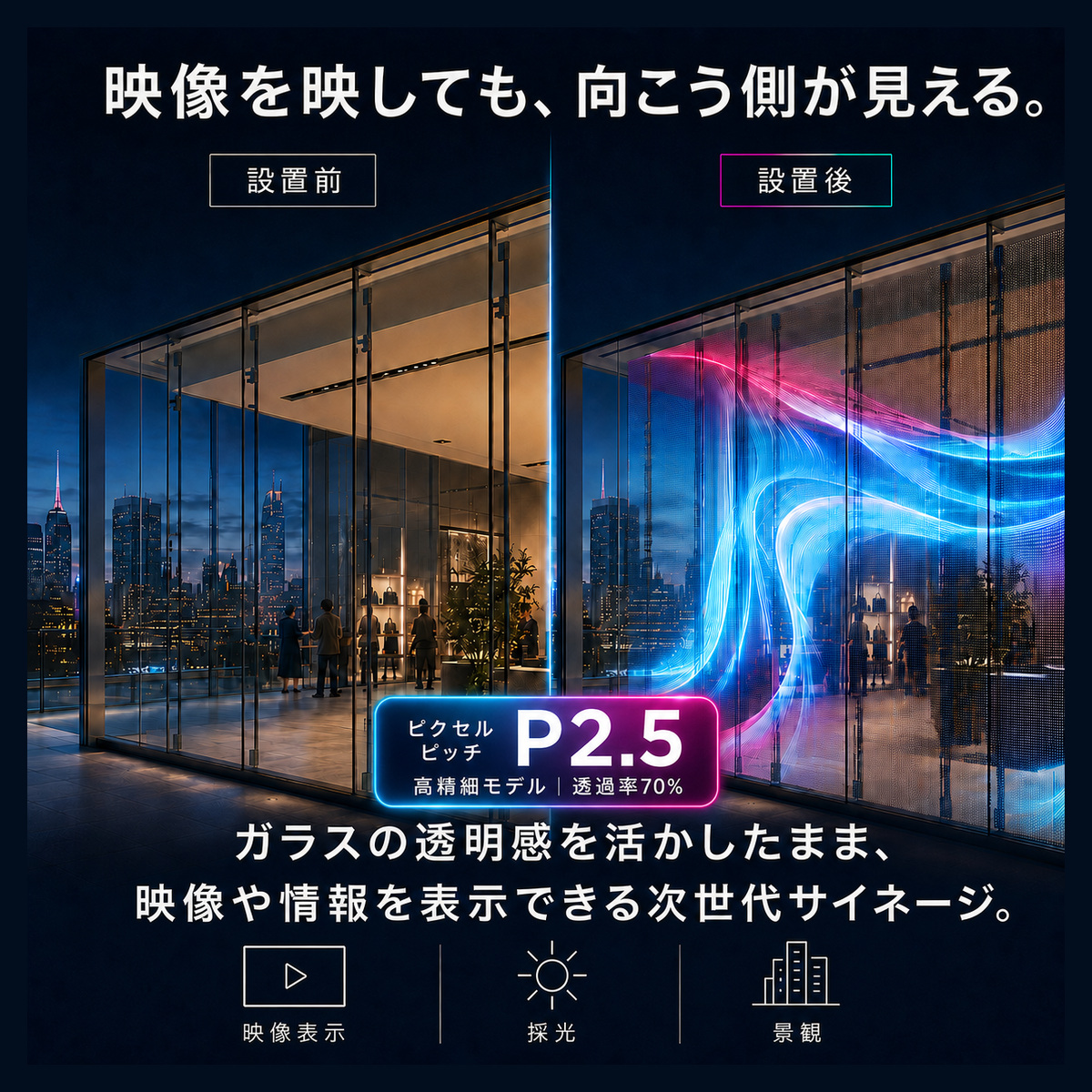 透明LEDビジョン P2.5 ガラス貼付型 デジタルサイネージ 高精細 透過率70％ 薄型2.0mm SMD LED 屋内用 店舗 ショーウィンドウ