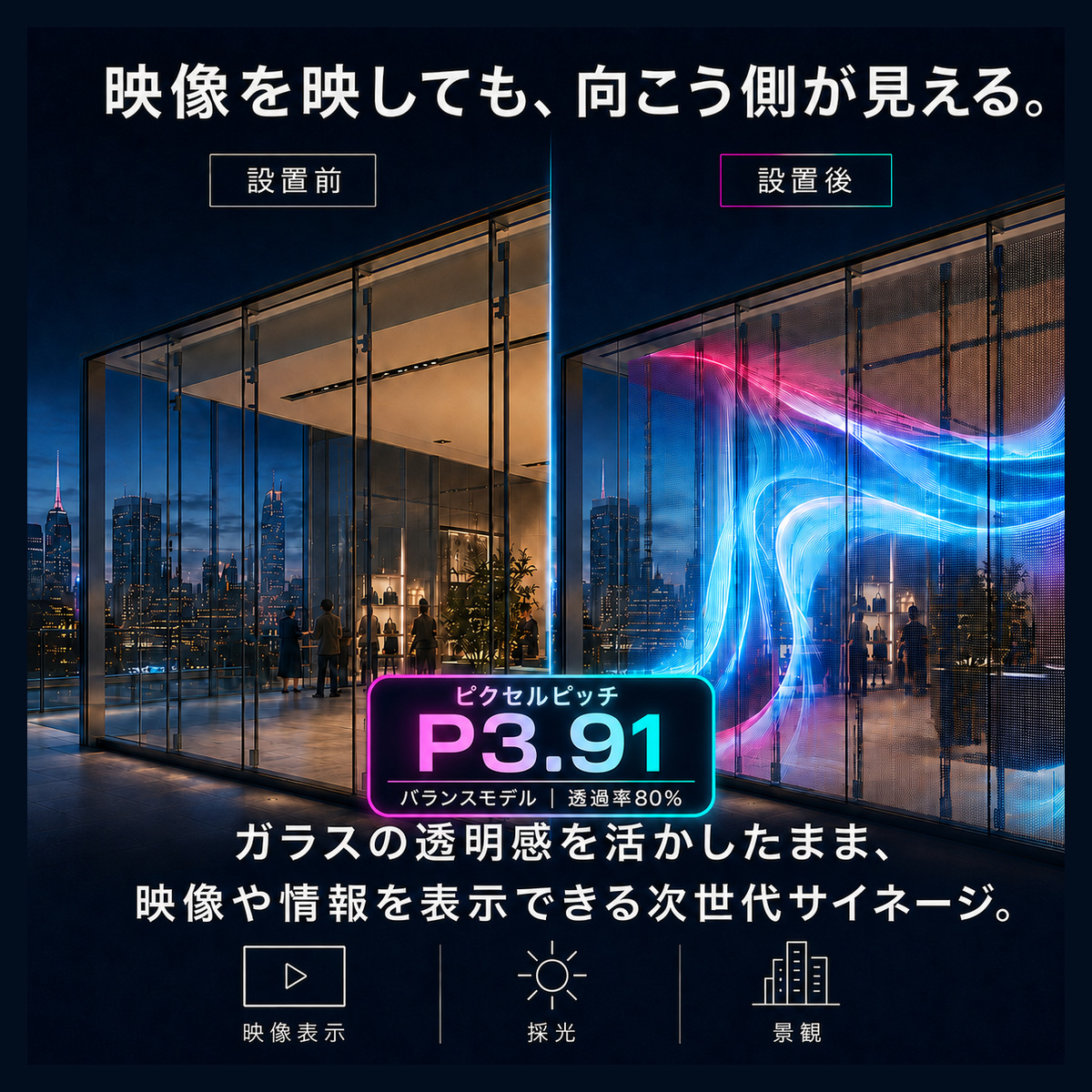 【1年保証・送料無料】透明LEDビジョンP3.91ガラス貼付型透過率80％薄さ2mm軽量 SMD LEDシースルー デジタルサイネージ  縦横連結 店舗 商業施設 ショーウィンドウ