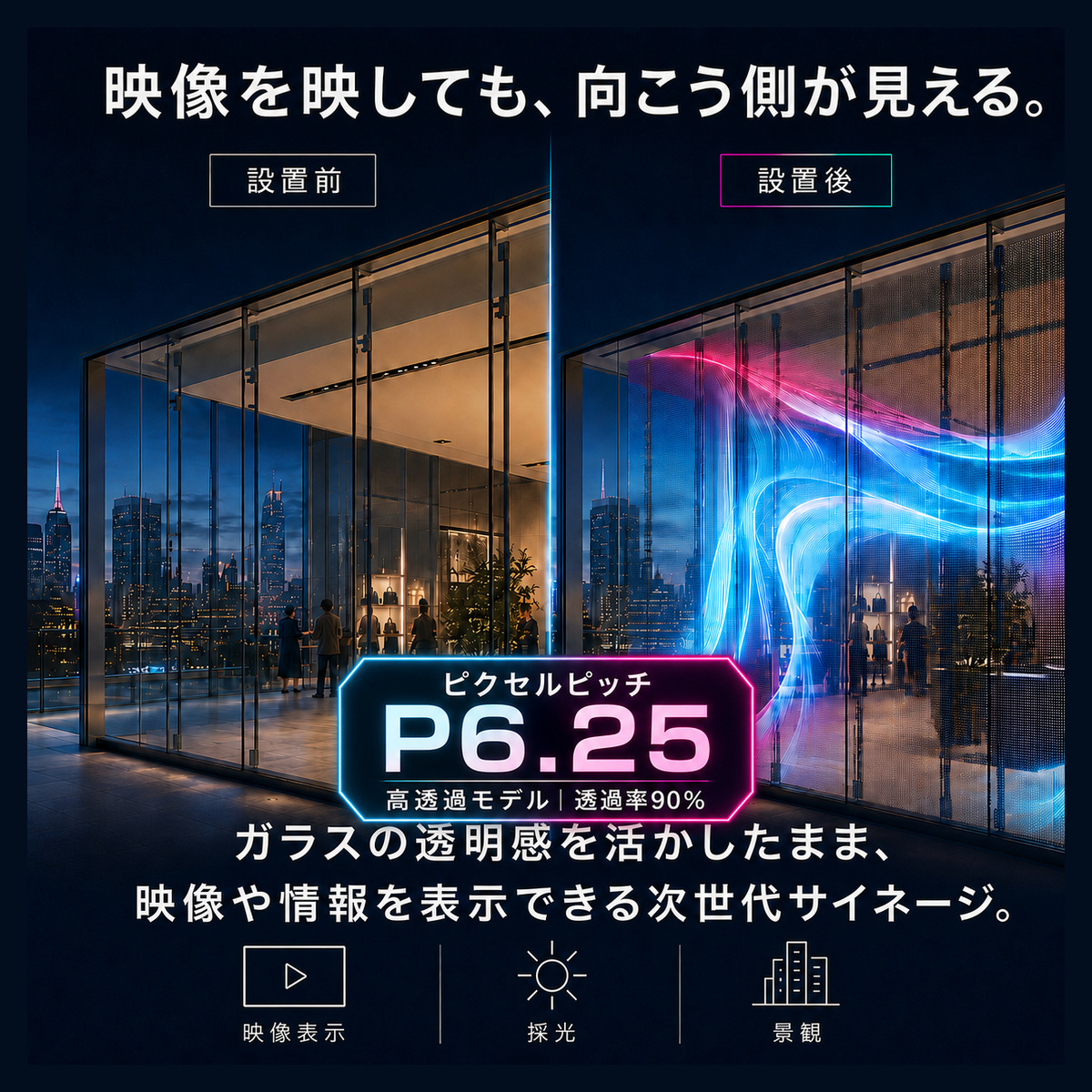 【1年保証・送料無料】透明LEDビジョン P6.25 ガラス貼付型 デジタルサイネージ 透過率90％ 薄型2mm 軽量 SMD LED 曲面対応 縦横連結 店舗 ショーウィンドウ 屋内用