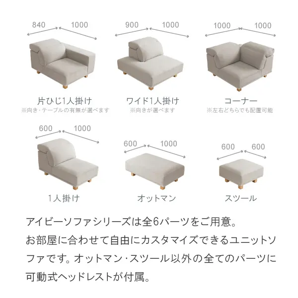 アイビーソファシリーズは全6パーツをご用意。お部屋に合わせて自由にカスタマイズできるユニットソファです。