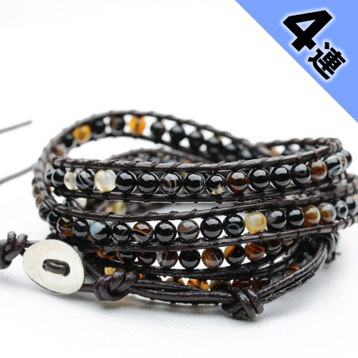 アゲート 4mmビーズ レザー ラップブレスレット 4連 《rv》  /カラーセラピー（イエロー）/  [a5-18]