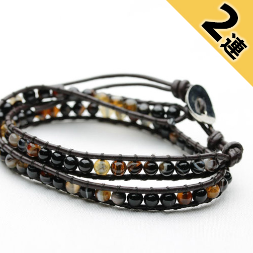 アゲート 4mmビーズ レザー ラップブレスレット 2連 《rv》  /カラーセラピー（イエロー）/  [a5-17]