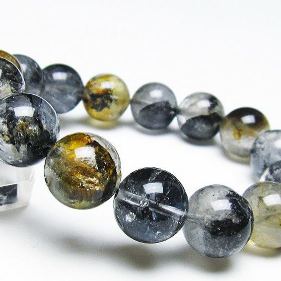 ブラックエレスチャルクォーツ 骸骨水晶 ブレスレット 14mm [T124-4894]