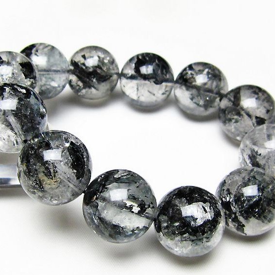 ブラックエレスチャルクォーツ 骸骨水晶 ブレスレット 19mm [t124-5632]