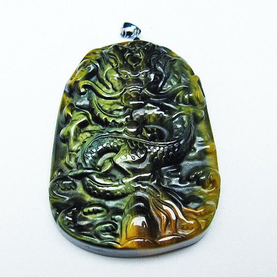 ブルータイガーアイ 手彫り 龍 ペンダント [T152-997]