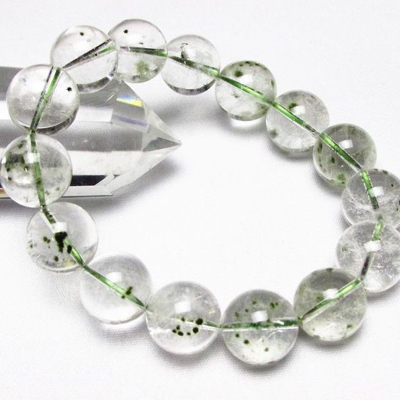 緑針入り 水晶 丸玉 ブレスレッ 14mm [T33-8133]