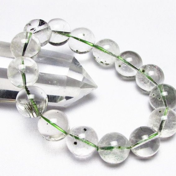 緑針入り 水晶 丸玉 ブレスレッ 14mm [T33-8134]