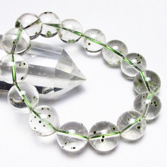 緑針入り 水晶 丸玉 ブレスレッ 14mm [T33-8141]