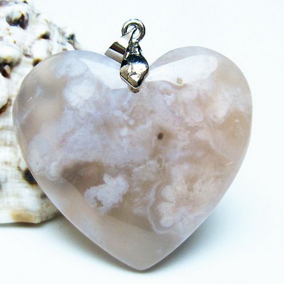 桜メノウ チェリーブロッサムアゲート ハート ペンダント [T335-3059]