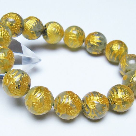 トルマリンルチルプレナイト 手彫り 龍 ブレスレット 14mm [t440-1539]