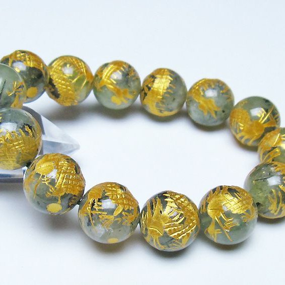 トルマリンルチルプレナイト 手彫り 龍 ブレスレット 16mm [t440-1544]