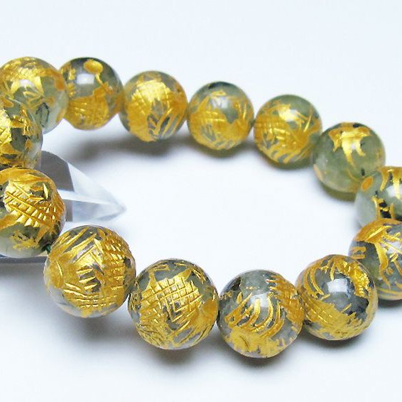 トルマリンルチルプレナイト 手彫り 龍 ブレスレット 16mm [t440-1545]