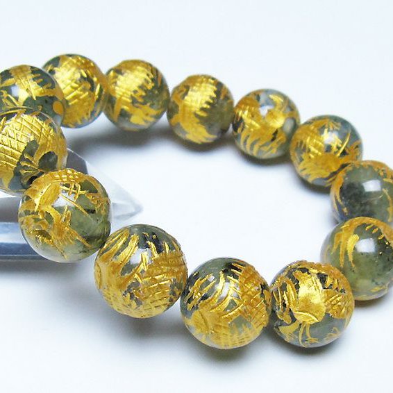 トルマリンルチルプレナイト 手彫り 龍 ブレスレット 16mm [t440-1546]