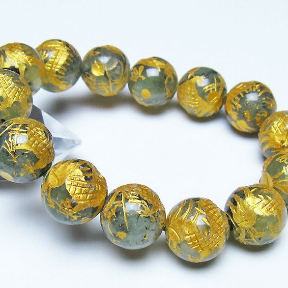 トルマリンルチルプレナイト 手彫り 龍 ブレスレット 16mm [t440-1547]