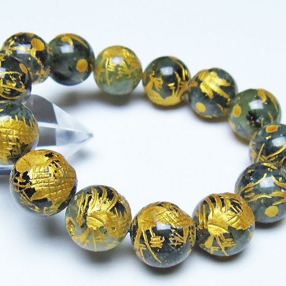 トルマリンルチルプレナイト 手彫り 龍 ブレスレット 16mm [t440-1548]