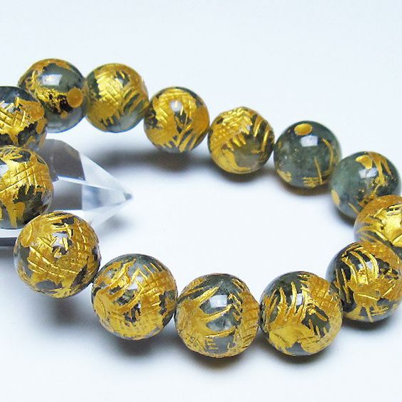 トルマリンルチルプレナイト 手彫り 龍 ブレスレット 16mm [t440-1549]