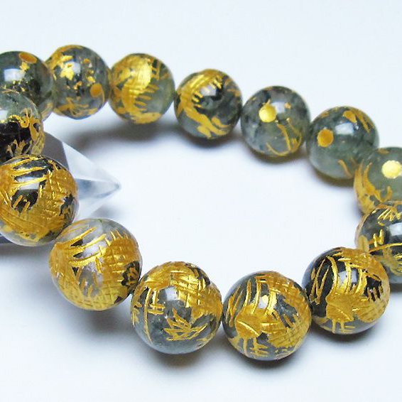 トルマリンルチルプレナイト 手彫り 龍 ブレスレット 16mm [t440-1550]