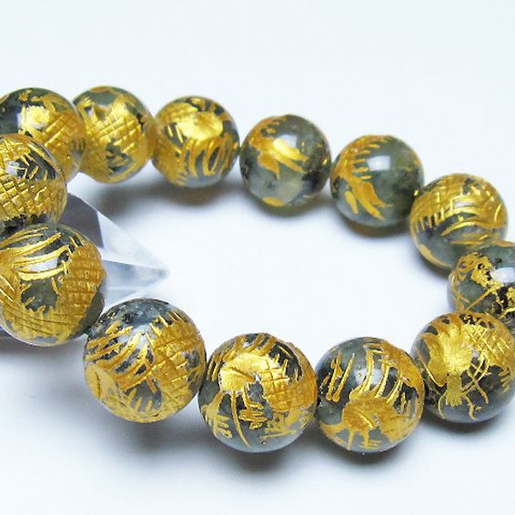 トルマリンルチルプレナイト 手彫り 龍 ブレスレット 16mm [t440-1552]