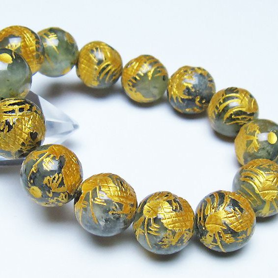 トルマリンルチルプレナイト 手彫り 龍 ブレスレット 16mm [t440-1553]