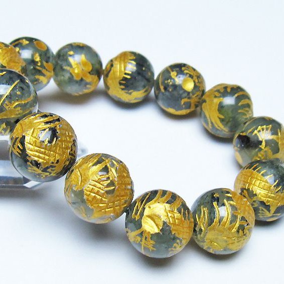 トルマリンルチルプレナイト 手彫り 龍 ブレスレット 16mm [t440-1554]