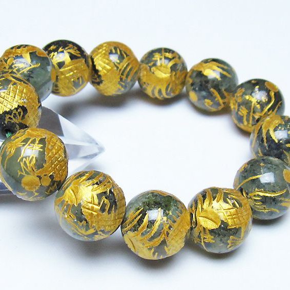 トルマリンルチルプレナイト 手彫り 龍 ブレスレット 16mm [t440-1555]