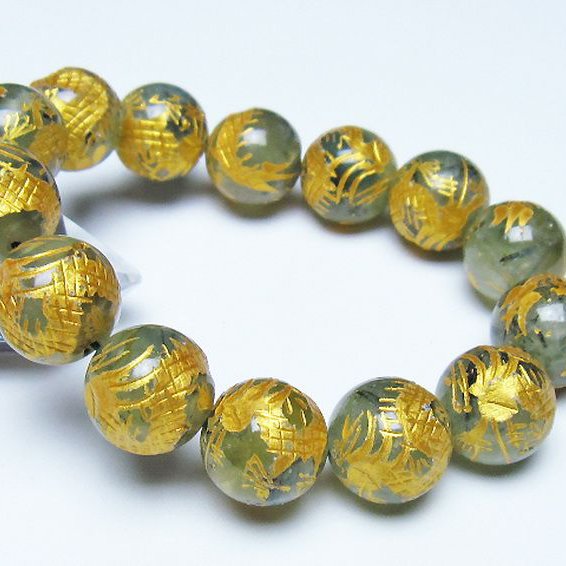 トルマリンルチルプレナイト 手彫り 龍 ブレスレット 16mm [t440-1556]