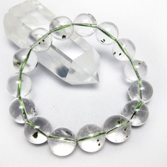 緑針入り 水晶 丸玉 ブレスレッ 14mm [T33-8128]
