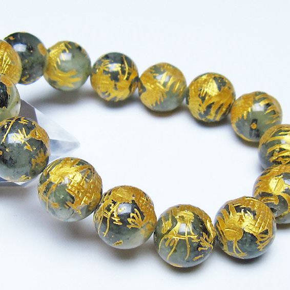 トルマリンルチルプレナイト 手彫り 龍 ブレスレット 14mm [t440-1536]