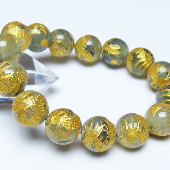 トルマリンルチルプレナイト 手彫り 龍 ブレスレット 14mm [t440-1537]