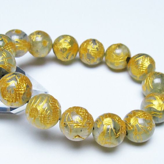 トルマリンルチルプレナイト 手彫り 龍 ブレスレット 14mm [t440-1538]