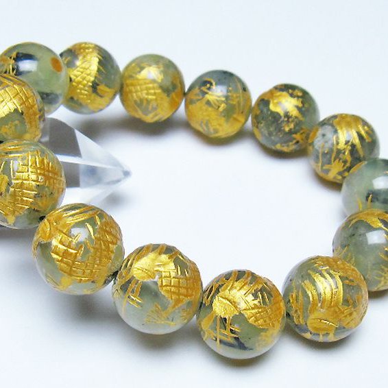 トルマリンルチルプレナイト 手彫り 龍 ブレスレット 16mm [t440-1541]