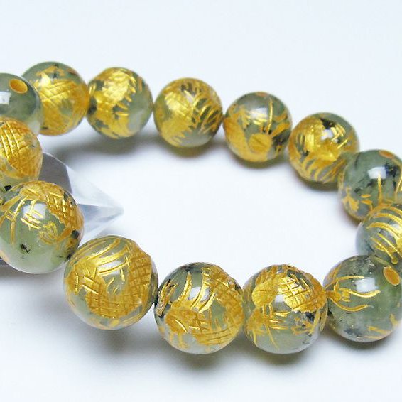 トルマリンルチルプレナイト 手彫り 龍 ブレスレット 16mm [t440-1542]