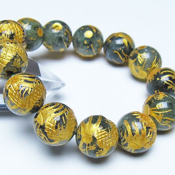 トルマリンルチルプレナイト 手彫り 龍 ブレスレット 16mm [t440-1551]