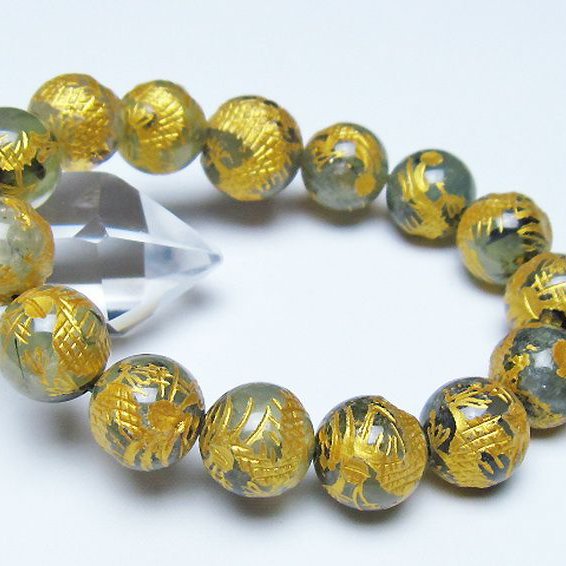 トルマリンルチルプレナイト 手彫り 龍 ブレスレット 14mm [t440-1558]